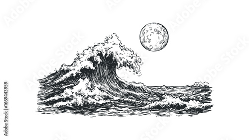 Powerful Ocean Wave Crashing Under a Full Moon Night. Vector hand drawn illustration