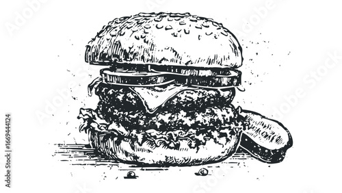 Classic American Burger with Fries Graphic. Vector hand drawn illustration