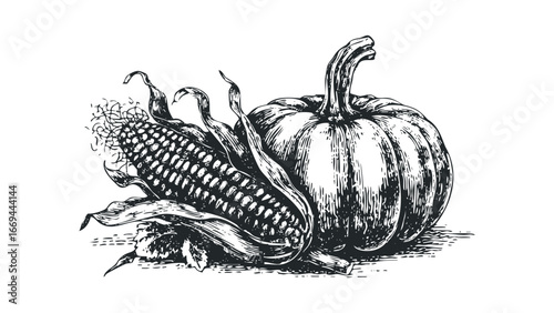 Pen and ink drawing of a ripe pumpkin and corn cob. Vector hand drawn illustration