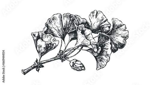 Detailed Ginkgo Biloba branch with leaves and seed pod in ink sketch. Vector hand drawn illustration