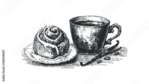 Hand Drawn Coffee Cup With Swirl Pastry And Vanilla Beans. Vector hand drawn illustration