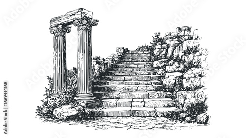 Ancient Stone Staircase and Column Ruins with Overgrown Vegetation. Vector hand drawn illustration