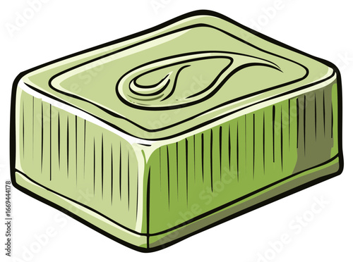Stylized illustration of a green rectangular tin can for preserved fish