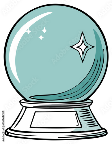 A glossy fortune teller crystal ball on a decorative stand with a star marking future events