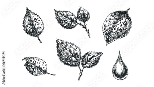 Hand-drawn botanical elements featuring dew drops on leaves and a single water droplet. Vector hand drawn illustration
