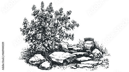 Sketch of a flowering plant next to a clay pot and rocks on a path. Vector hand drawn illustration