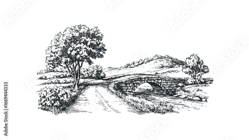 Sketch of a stone bridge spanning a stream on a rural road. Vector hand drawn illustration