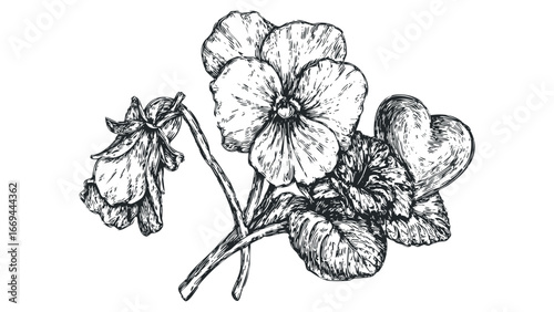 Detailed pen and ink drawing of blooming pansies and leaves. Vector hand drawn illustration
