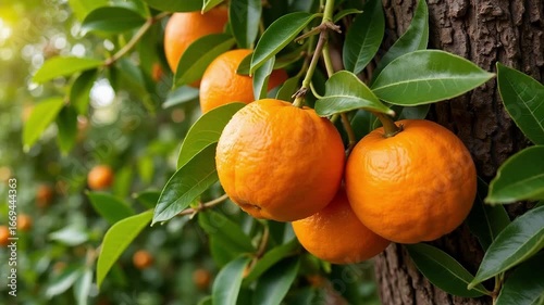 Vibrant sweet oranges hanging from healthy tree branches, a stunning 4k video showcasing natural beauty and fresh fruit for commercial use