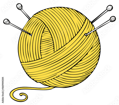 Illustration of yellow wool ball with knitting needles for a cozy craft project or handmade gift