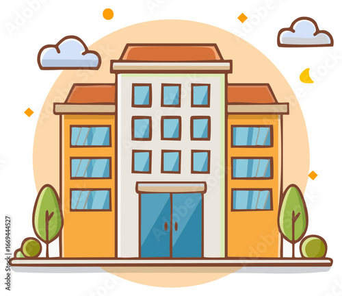 Cartoon building exterior with orange and white facade and multiple windows surrounded by trees and clouds illustration