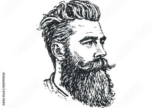 Detailed sketch of a man with a prominent beard and mustache in profile view. Vector hand drawn illustration