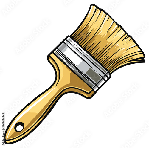 Illustrative Paintbrush with Yellow Bristles and Handle on a White Background