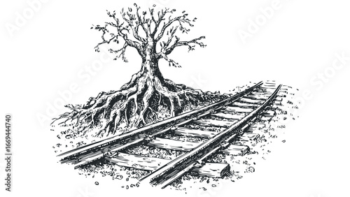 Bare tree with exposed roots growing beside railroad tracks. Vector hand drawn illustration