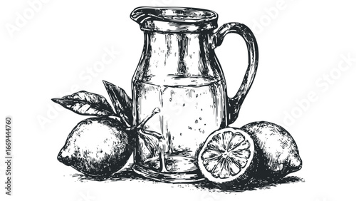 Sketch of a pitcher filled with liquid and fresh lemons. Vector hand drawn illustration