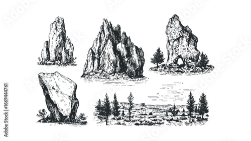 Collection of hand-drawn geological rock formations and mountainous landscape scenes. Vector hand drawn illustration