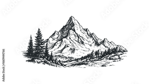 Pen and ink sketch of majestic mountain range with pine trees foreground. Vector hand drawn illustration