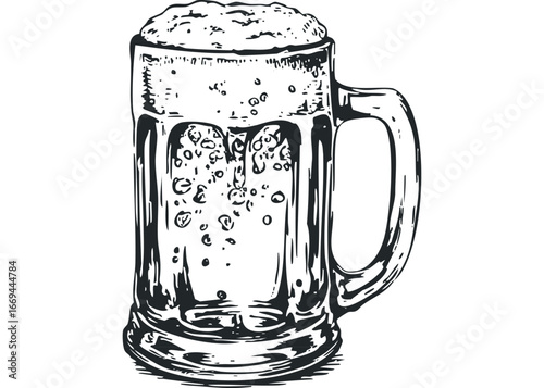 Black and white sketch of a frothy beer mug. Vector hand drawn illustration