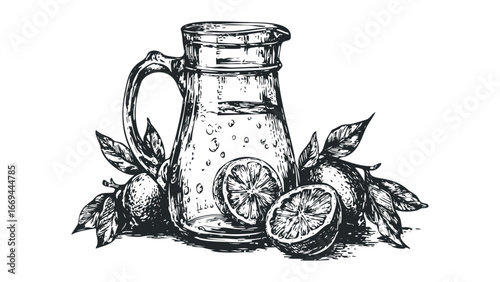 Sketch of a pitcher filled with refreshing liquid and surrounded by citrus fruit and leaves. Vector hand drawn illustration