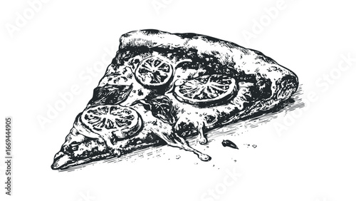 Hand Drawn Slice of Pizza with Tomato and Basil Toppings. Vector hand drawn illustration