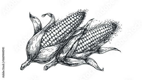 Two Ripe Corn Cobs with Husks in Detailed Vintage Engraving Style. Vector hand drawn illustration