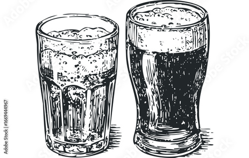 Two glasses filled with bubbly beverages and foam. Vector hand drawn illustration
