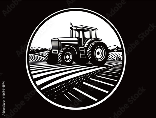 A tractor is plowing a farm field with neatly arranged rows of soil. The background features rolling mountains under a clear sky. Daylight enhances the rural landscape.
