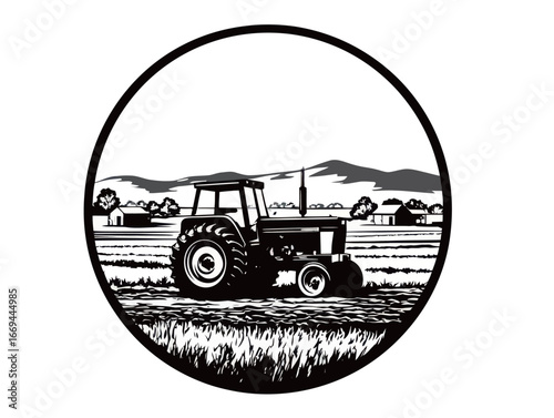 A tractor is plowing a farm field with neatly arranged rows of soil. The background features rolling mountains under a clear sky. Daylight enhances the rural landscape.