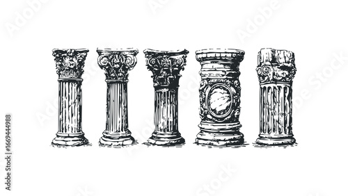 Collection of five intricately carved ancient architectural columns presented in a graphic black and white style.. Vector hand drawn illustration