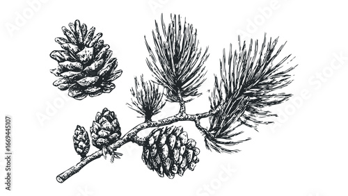 Conifer branch with pine cones and needles in a sketch style. Vector hand drawn illustration
