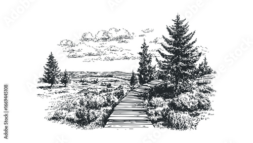 Wooden walkway through a field with evergreen trees and distant hills. Vector hand drawn illustration