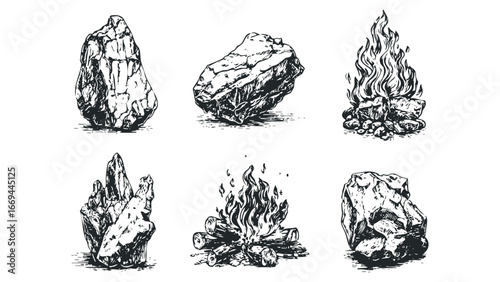 Hand Drawn Collection of Rough Rocks and Campfires. Vector hand drawn illustration