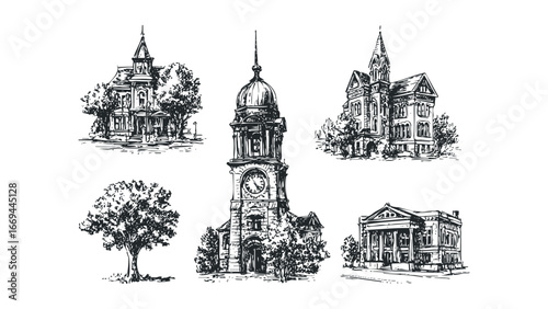 Collection of Hand-Drawn Architectural Sketches of Historic Buildings and Trees. Vector hand drawn illustration