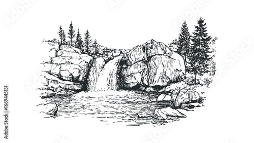 Sketch of a Majestic Waterfall Flowing Over Rocky Terrain with Evergreen Trees. Vector hand drawn illustration