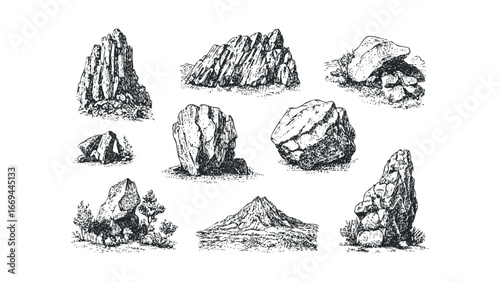 Collection of Hand Drawn Natural Rock Formations. Vector hand drawn illustration