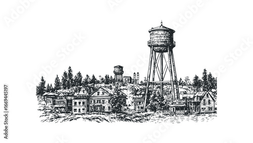 Sketch of historic town with prominent water tower and varied architecture. Vector hand drawn illustration