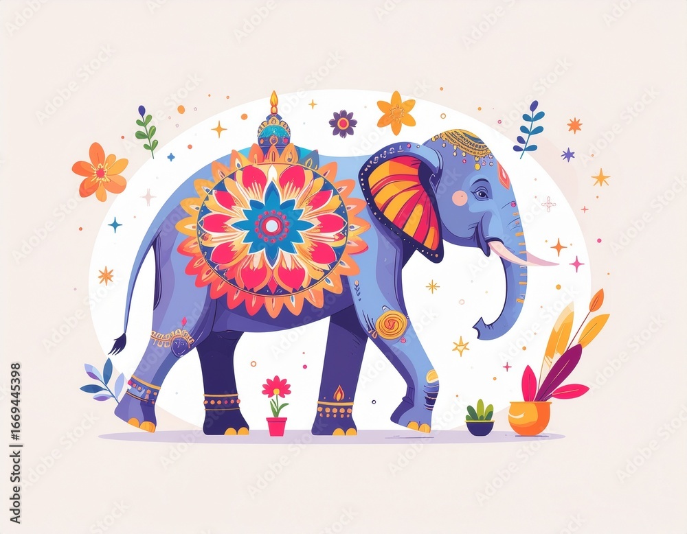 Fototapeta premium Vibrantly decorated blue elephant illustration with intricate mandala patterns and floral motifs, depicting a festive cultural scene.