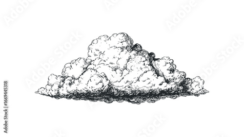 Detailed pen and ink drawing of a cumulus cloud on a white background. Vector hand drawn illustration