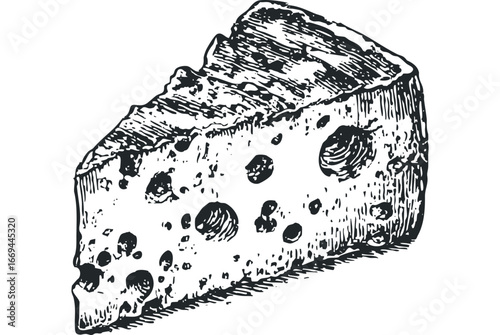 Textured sketch of a wedge of Swiss cheese with visible holes. Vector hand drawn illustration
