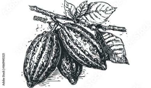 Engraved Cacao Pods and Leaves on Branch. Vector hand drawn illustration