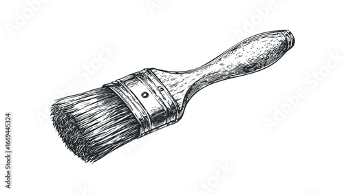 Detailed Sketch of a Wooden Handle Paint Brush with Bristles. Vector hand drawn illustration