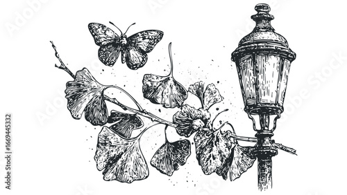 Ginkgo leaves and butterfly with vintage lamppost sketch. Vector hand drawn illustration