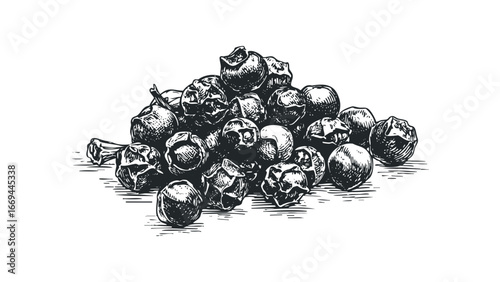Detailed Sketch of Black Peppercorns on a Light Surface. Vector hand drawn illustration