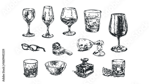 Assortment of Hand-Drawn Beverage Glasses and Drinking Vessels. Vector hand drawn illustration
