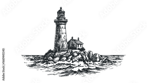Etched lighthouse structure on a rocky island with crashing waves. Vector hand drawn illustration