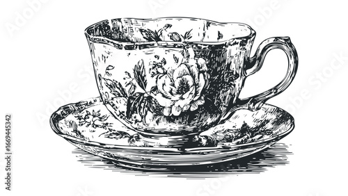 Vintage floral teacup and saucer sketch with intricate detailing and a classic handle. Vector hand drawn illustration