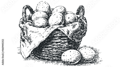 Basket of Textured Potatoes with Scattered Spheres and Cloth. Vector hand drawn illustration