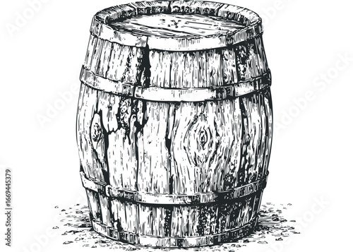Wooden Barrel with Metal Hoops and Ground Texture. Vector hand drawn illustration