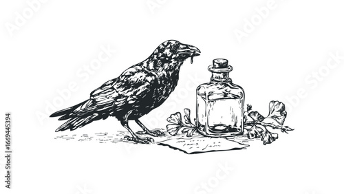 Detailed sketch of a raven with liquid dripping from its beak beside a glass bottle and foliage. Vector hand drawn illustration