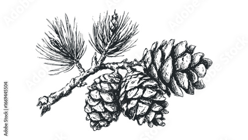 Hand Drawn Pine Cones and Needles Branch Sketch. Vector hand drawn illustration